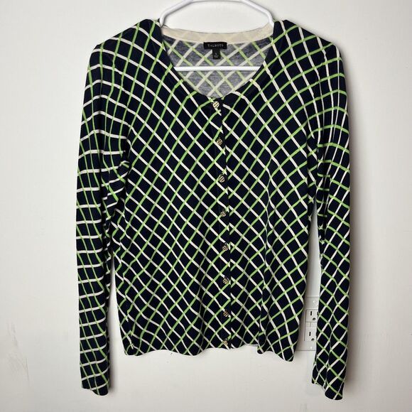 Talbots Sweater Womens Small Navy Blue Green Windowpane Cardigan Button Front - Picture 1 of 7